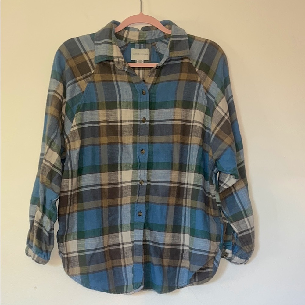 American Eagle Outfitters Blue Multicolor Plaid Shirt Womens